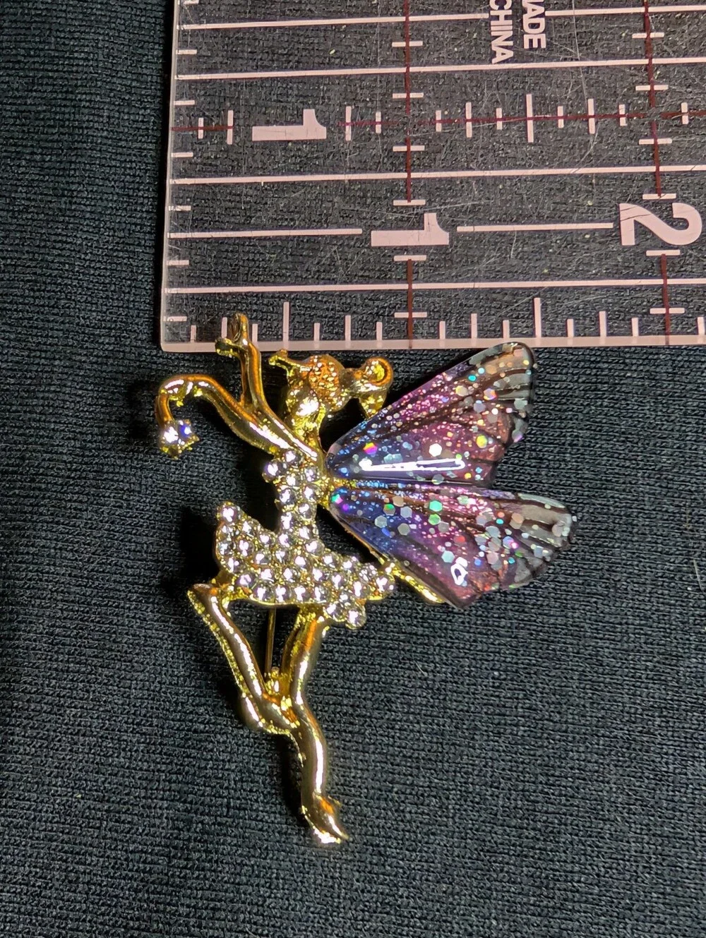 Gold Fairy Brooch with Glitter Pink-Purple Wings